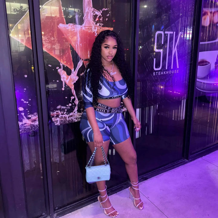 STYLISH LADY Contrast Color Letter Printed 2 Piece Set Women Long Sleeve Crop Top and Shorts Suits 2025 Summer Street Tracksuits