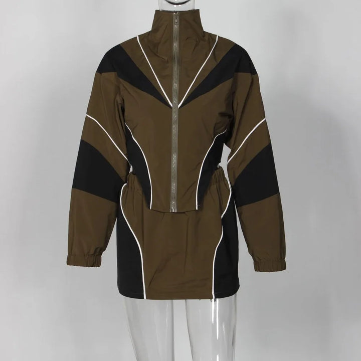 FLARORA Fashion Patchwork 2Pcs Sets Woman Long Sleeve Zipper Irregular Crop Jacket And Skinny Mini Skirts Streetwear Outfits New