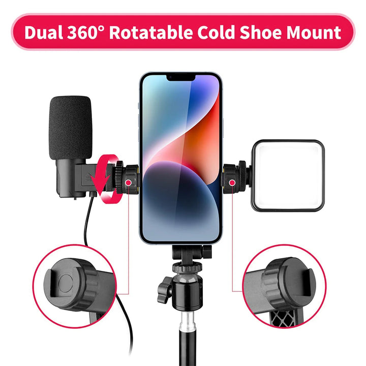 Camera Hot Shoe Phone Holder Mount Clamp Clip w 2 Cold Shoe 1/4'' Tripod Adapter Stand Mic Fill Light for Smartphone TikTok Vlog