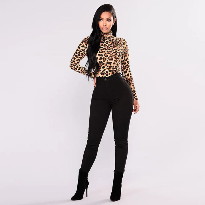 Women Long-sleeved Leopard Print Crops Tops INS New Fashion Casual Slim T-shirts Ladies Turtleneck Pullover Ice Silk Top Tees