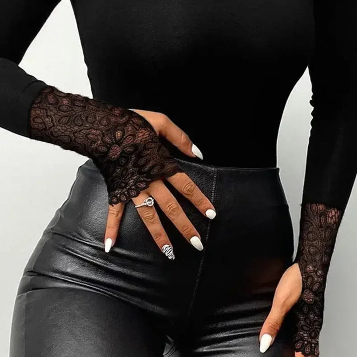 Contrast Lace Long Sleeve Cold Shoulder Bodysuit Women Top Romper Solid Color Fashion Sexy Slim Skinny Bodysuits