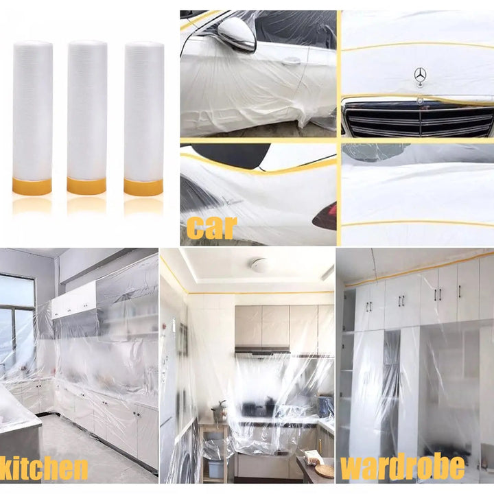 3 Sizes Pre-Taped Masking Film for Auto Painting Covering Tape and Drape Cloth PE Pre-Adhesived Dust Paint Protective Drop Film