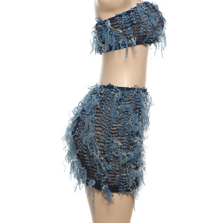 kliou Stacked Crochet 2 Piece Set Women Panelled Patchwork Wrapped Chest Crop Tanks+Sheer Slim Mini Skirts Female Street Outfits