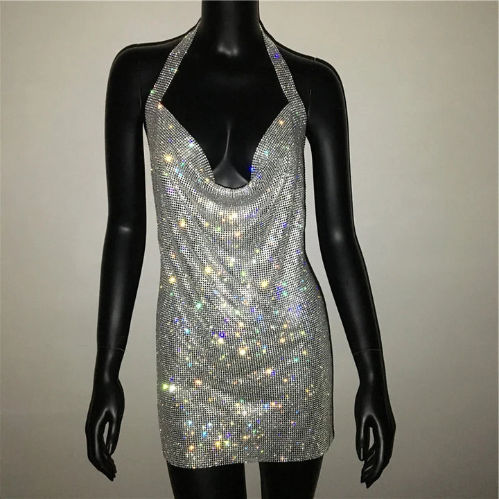Bling Rhinestone Backless Dress Sexy Deep V Neck Sleeveless Side Split Halter Dress Nightclub Party Evening Dresses