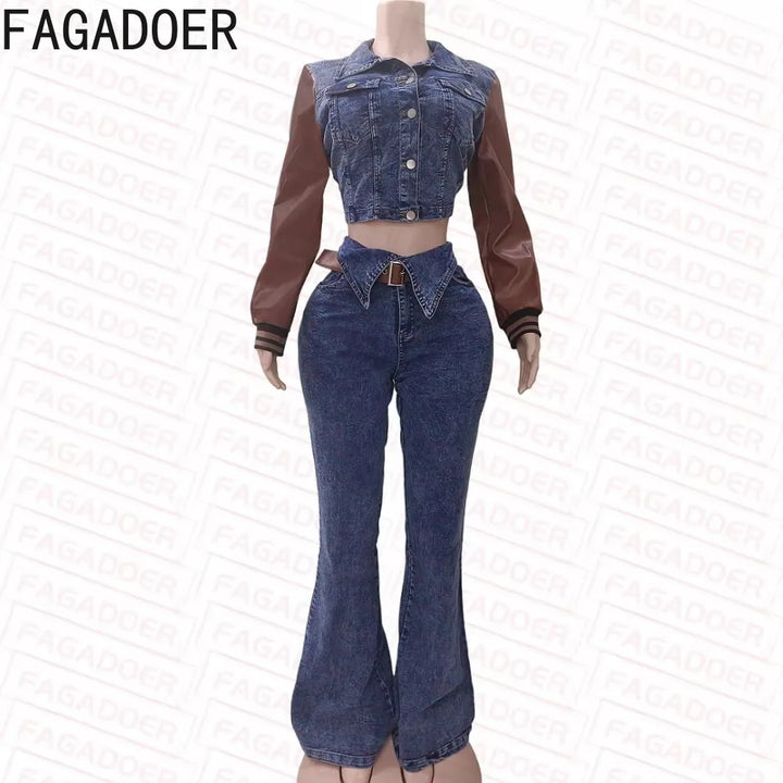 FAGADOER Retro Quality Denim Women 2 Piece Set Outfit Trendy Leather Denim Patchwork Crop Jacket And High Waist Jeans Suits New