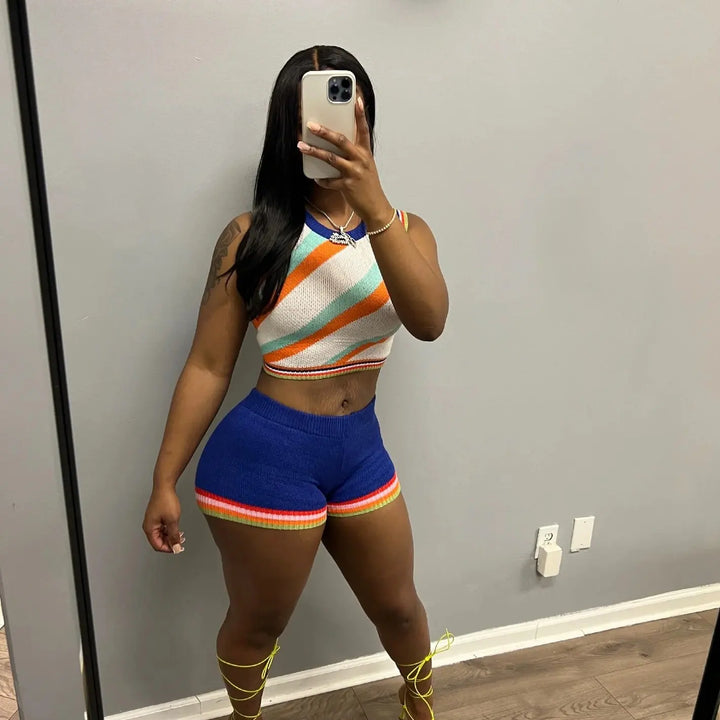 CM.YAYA Knit Ribbed Fashion Women's Set Striped Tank Top and Shorts Suit 2023 Summer Chic Two 2 Piece Set Outfit Tracksuit