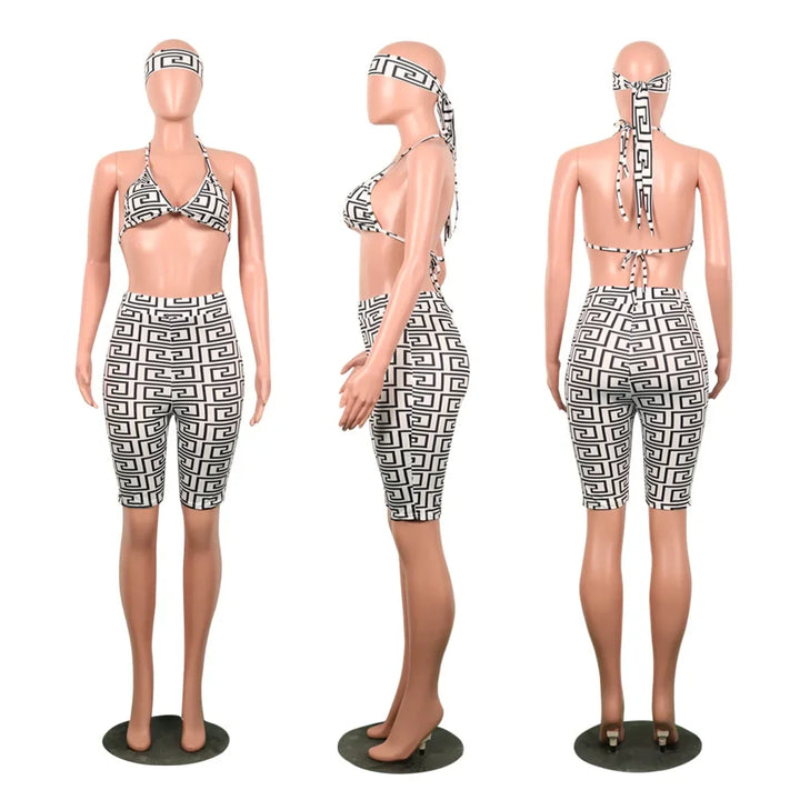 S3330 Sweetpants Three-Piece Set With Headscarf Six Colors Women's Fashion Outfit Short Skirt Set From China Mainland