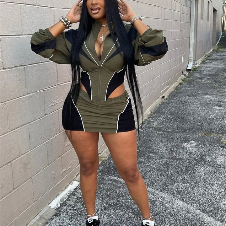 FLARORA Fashion Patchwork 2Pcs Sets Woman Long Sleeve Zipper Irregular Crop Jacket And Skinny Mini Skirts Streetwear Outfits New