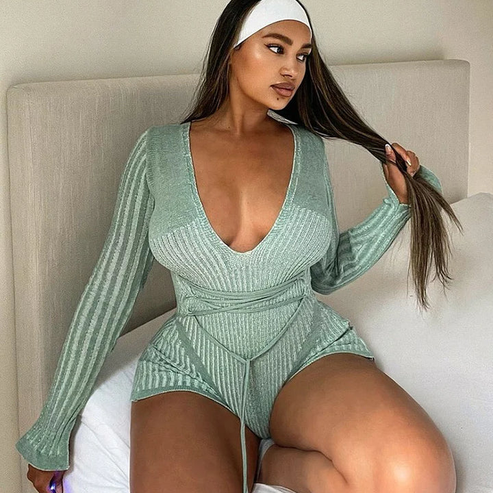 Nibber Crochet Bandage Playsuits Women Low-Neck Contrast Striped Patchwork Long Sleeve Autumn Fit Trend Vacation Skinny Romper