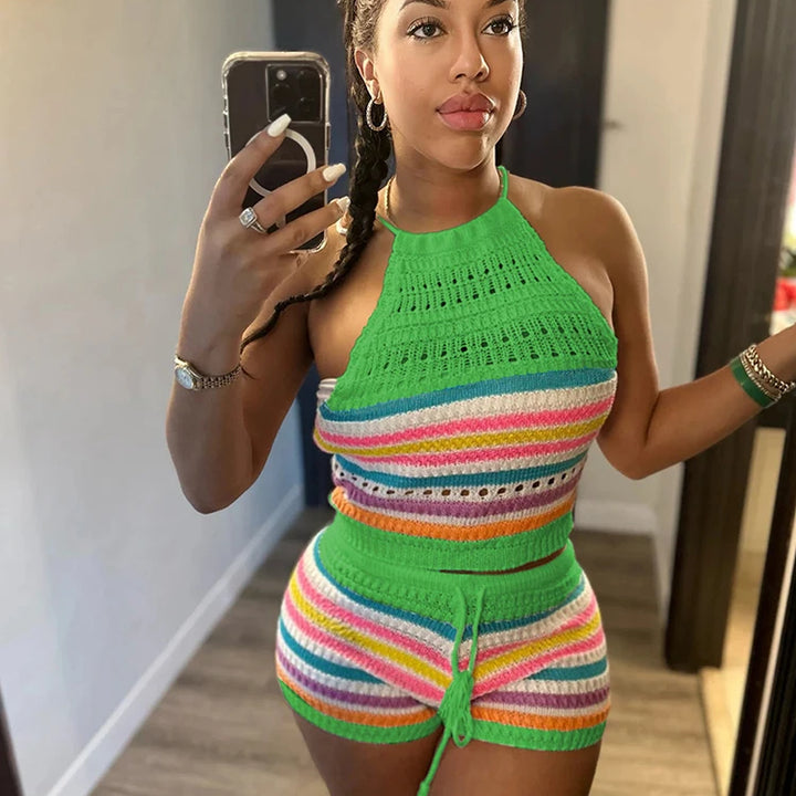 Wishyear Sexy Backless Halter Crop Top and Shorts Suit Two Piece Sets for Women Tracksuit Knitted Crochet Co Ord Summer Outfits