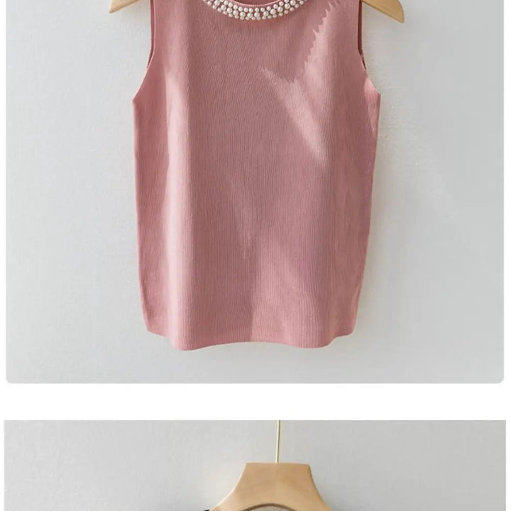 Knitted Vests Women Korean Top Solid Tank Blusas Mujer De Moda Summer New Fashion Female Sleeveless Beading Casunal Thin Tops
