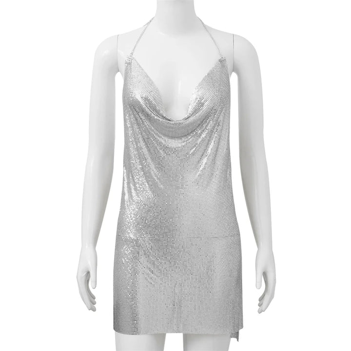 Sexy Silver Sequin Mini Dress For Women Accessories Sleeveless Metal Body Chain Party Dress Women Backless Split Evening Vestido
