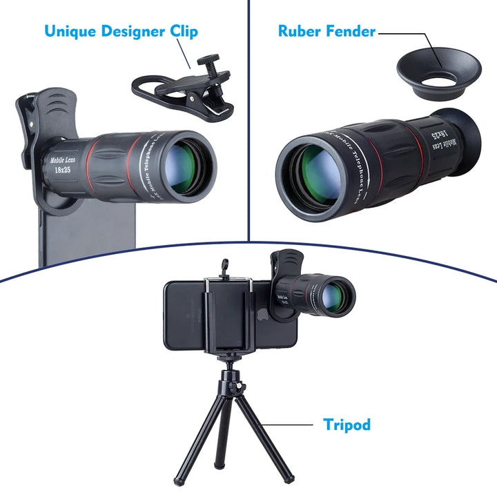Mobile Phone Lenses 18X Telescope Monocular Zoom Camera Lens for IPhone 7 Samsung S8 with Tripod&Bluetooth Remote Control