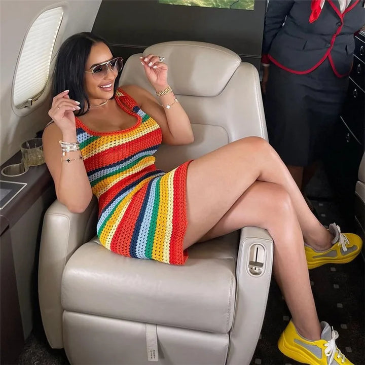 Women Panelled Striped Knitted Hollow Out Mini Dress Casual Tank Sleeveless Bodycon Hot Girl Streetwear Outfit