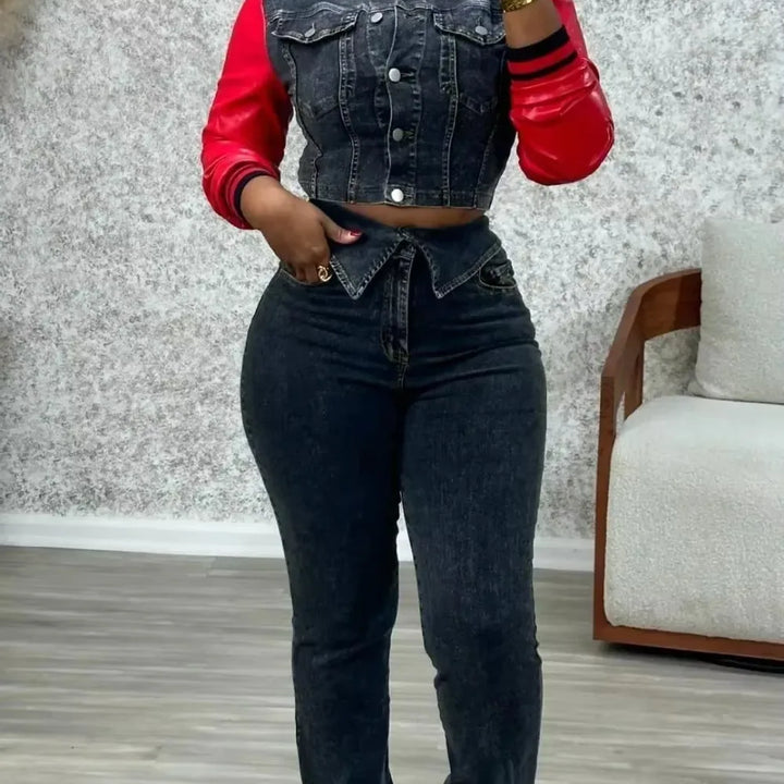 FAGADOER Retro Quality Denim Women 2 Piece Set Outfit Trendy Leather Denim Patchwork Crop Jacket And High Waist Jeans Suits New