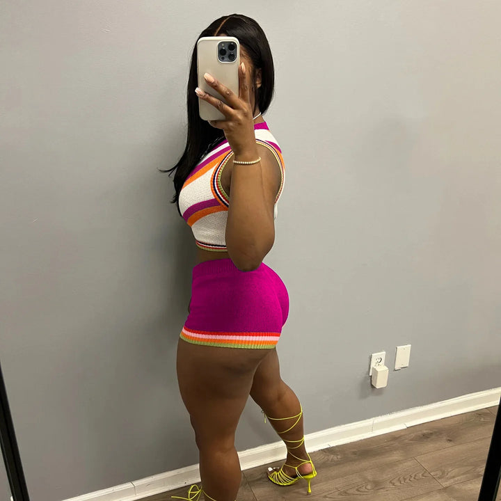 CM.YAYA Knit Ribbed Fashion Women's Set Striped Tank Top and Shorts Suit 2023 Summer Chic Two 2 Piece Set Outfit Tracksuit