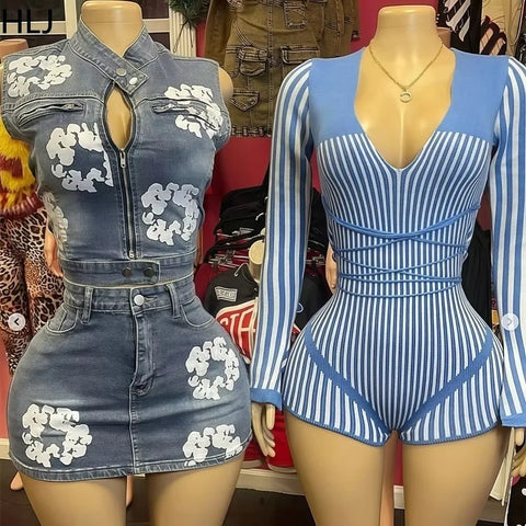 HLJ Vintage Fashion Printing Denim 2 Piece Sets Women Outfit Sleeveless Zip Bodycon Crop Top + Skirt Female Streetwear Clothing