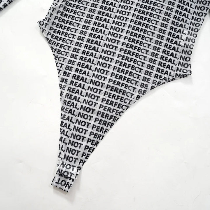 Letter Printed Mesh Transparent Women Panelled Newspaper Long Sleeve Round Neck T-Shirts