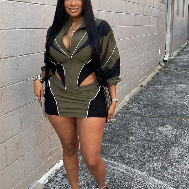 FLARORA Fashion Patchwork 2Pcs Sets Woman Long Sleeve Zipper Irregular Crop Jacket And Skinny Mini Skirts Streetwear Outfits New