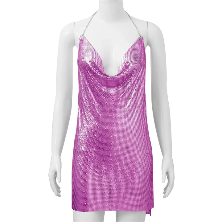 Sexy Silver Sequin Mini Dress For Women Accessories Sleeveless Metal Body Chain Party Dress Women Backless Split Evening Vestido