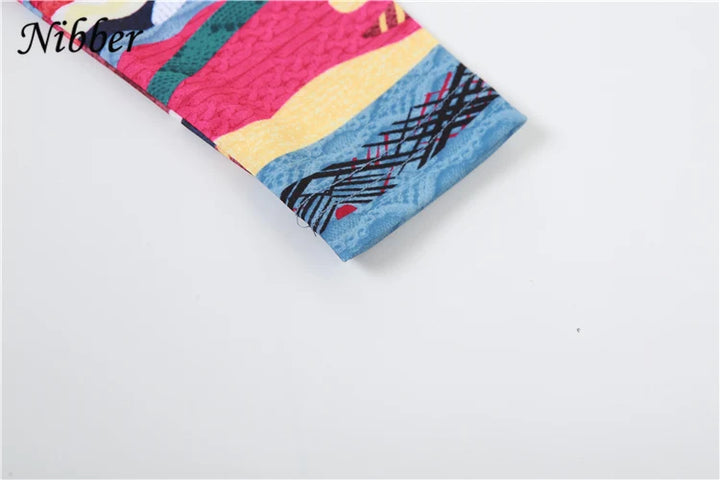 Nibber Colorful Printing Two Piece Set Women Autumn O-neck Full Sleeve Crop Tops + Matched Slim Shorts Female Outfit Street Suit