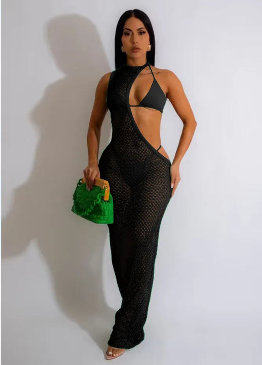New Women's Classic Clothes Sexy 3 Piece Set Sexy Fishing Net Halter One Shoulder Dress and Bikini Set Beach Dress