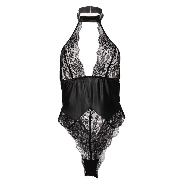 Skinny Bodycon Body Suit Women Sexy Black PU Latex Leather Halter Lace Backless Romper Lingerie Underwear Teddies