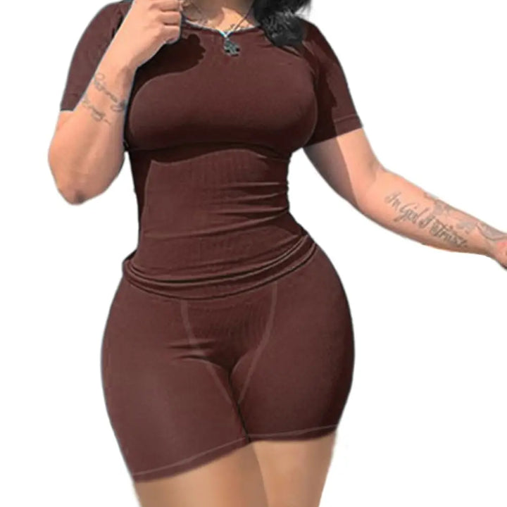 Lounge Wear Ribbed Casual 2 Piece Summer Shorts Set For Somen Short Sleeve Top+Elastic outfits