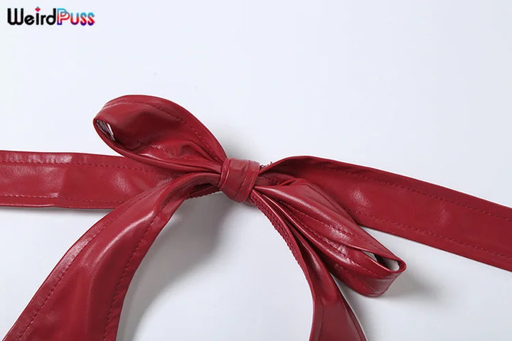 Weird Puss Leather Y2K Summer Tank Tops Woman Halter Sexy V-Neck Hottie Straps Solid Trend Chic Fashion Party Skinny Streetwear