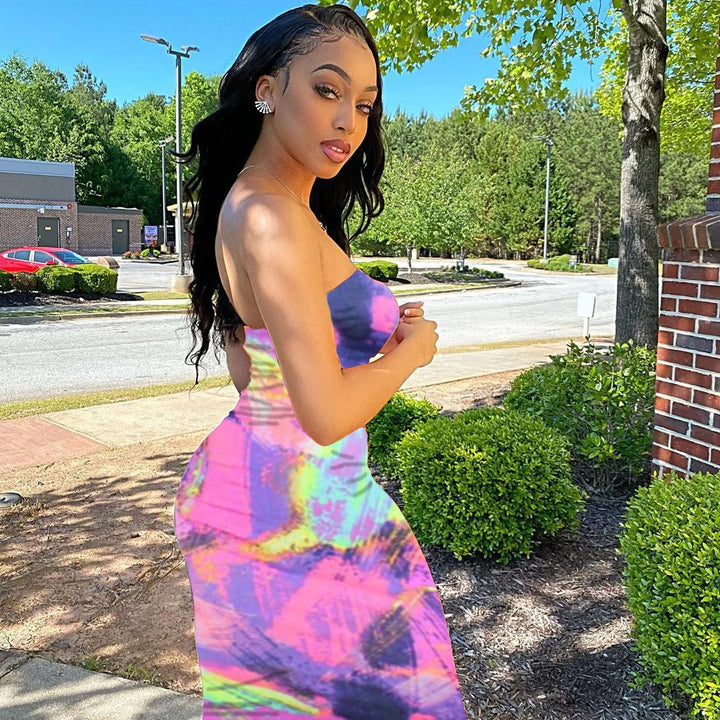 Spring/Summer Women's Colorful Tie Dye Print Off Shoulder Wrapped Chest Dress