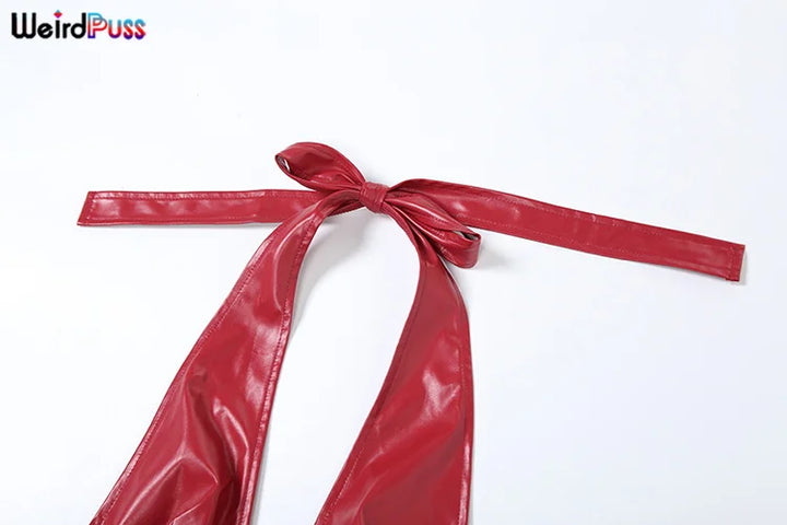 Weird Puss Leather Y2K Summer Tank Tops Woman Halter Sexy V-Neck Hottie Straps Solid Trend Chic Fashion Party Skinny Streetwear