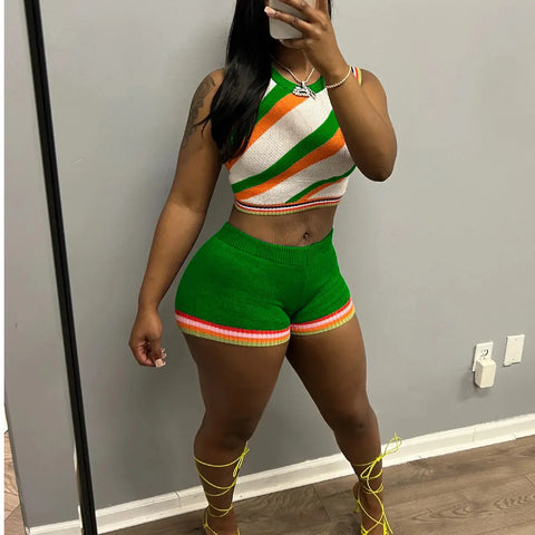 CM.YAYA Knit Ribbed Fashion Women's Set Striped Tank Top and Shorts Suit 2023 Summer Chic Two 2 Piece Set Outfit Tracksuit