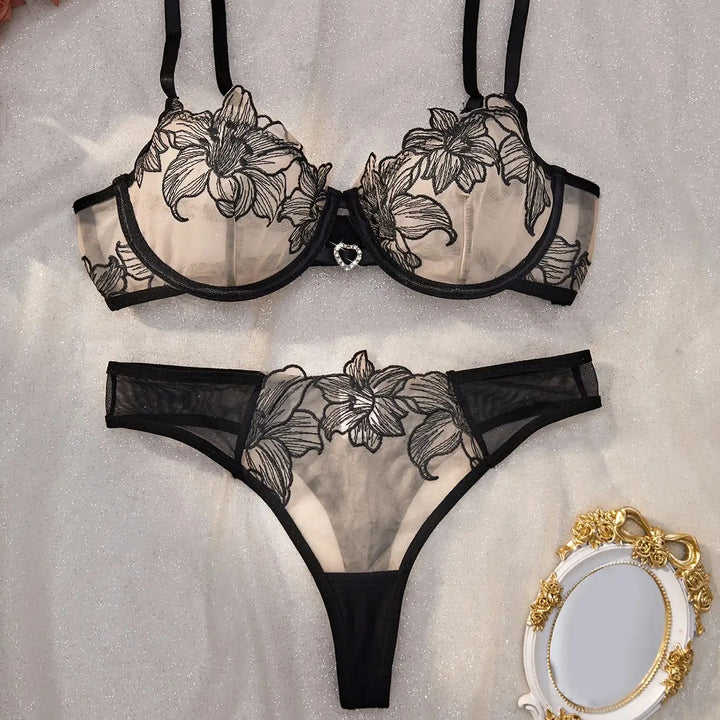 Elegant Black Sexy Nighty Underwire Bra Underwear Set Party Club Night Women Chef Ultrathin Underwear set