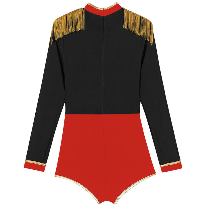 Womens Circus Ringmaster Jumpsuit Halloween Carnival Theme Party Role Play Costume Long Sleeve Velvet Fringed Cosplay Bodysuit