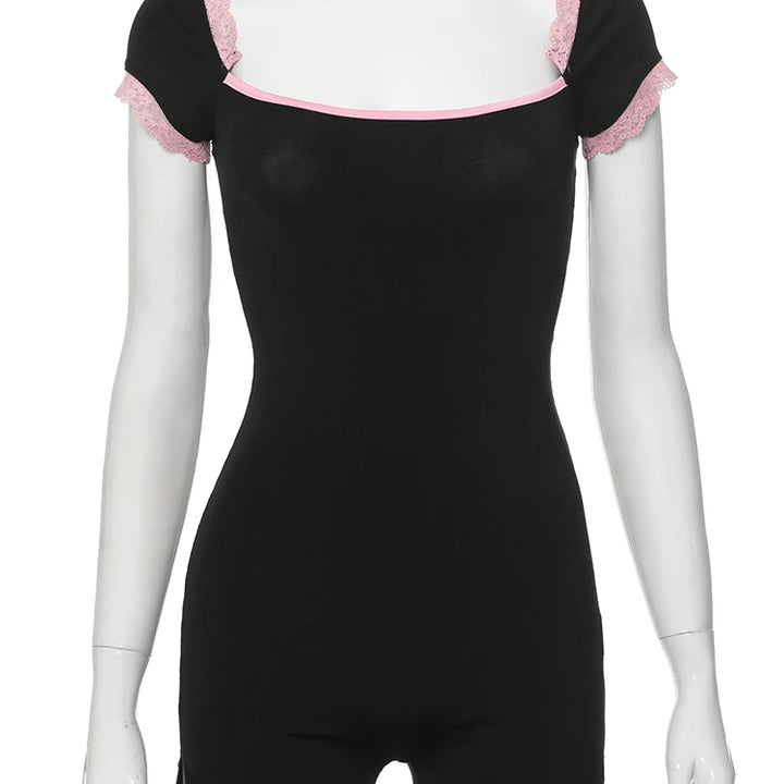 kliou Classic Patchwork Women Playsuits Casual Fashion Lace Trim Square Neck Short Sleeve Stretch Rompers Girls Daily Streetwear