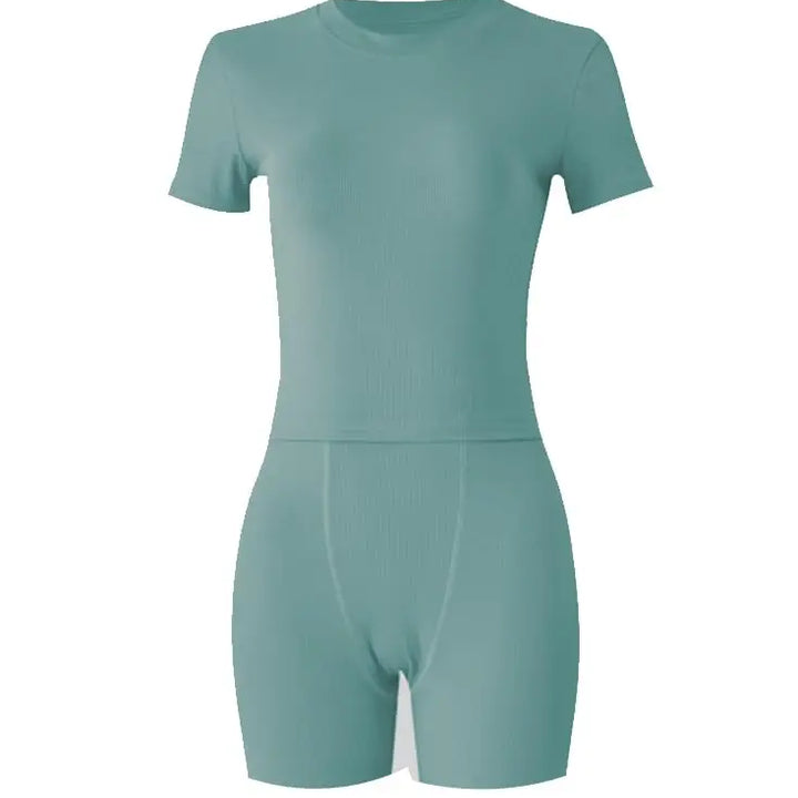 Lounge Wear Ribbed Casual 2 Piece Summer Shorts Set For Somen Short Sleeve Top+Elastic outfits