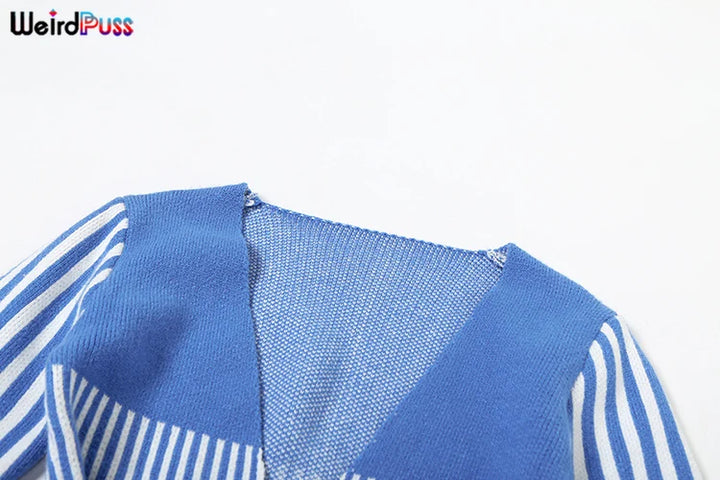 Weird Puss Crochet Bandage Playsuits Women Low-Neck Contrast Striped Patchwork Long Sleeve Autumn Trend Vacation Skinny Romper