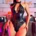 Skinny Bodycon Body Suit Women Sexy Black PU Latex Leather Halter Lace Backless Romper Lingerie Underwear Teddies