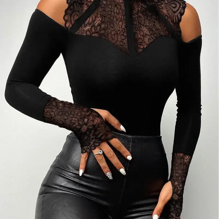 Contrast Lace Long Sleeve Cold Shoulder Bodysuit Women Top Romper Solid Color Fashion Sexy Slim Skinny Bodysuits
