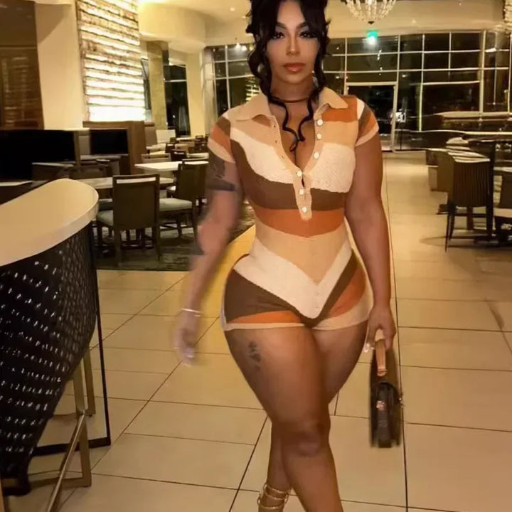 Laxsesu Irregular Contrast Romper Women Knit Stretch Polo Neck Single-Breasted Shorts Sleeve Skinny Slim Playsuits Streetwear