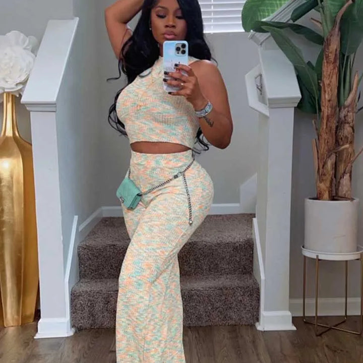 2 Piece Sets Womens Outfits Elegant Stretchy Knitted Summer Suit Sexy Sleeveless Top and Pant Suit Wholesale Dropshipping