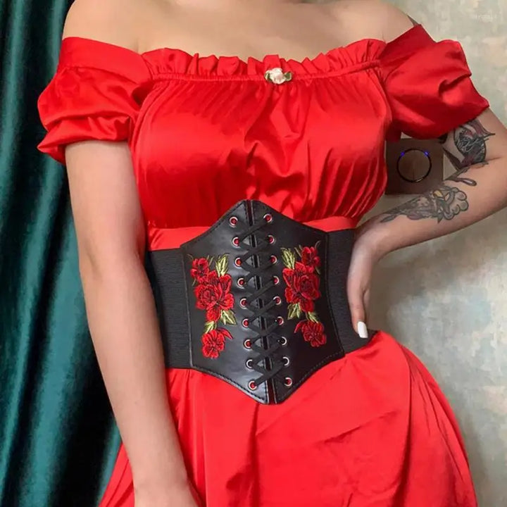 UYEE Punk Bembroidery Pendant Corset For Women Wide Belts Gothic PU Leather Cummerbund y2k Girl Slimming Waistband Female