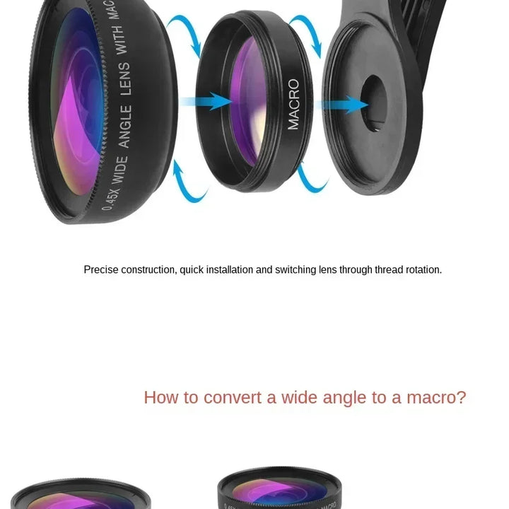 Phone Lens Kit 0.45x Super Wide Angle & 12.5x Super Macro Lens HD Camera Lentes for IPhone 6S 7 Xiaomi All Cellphone 1pcs