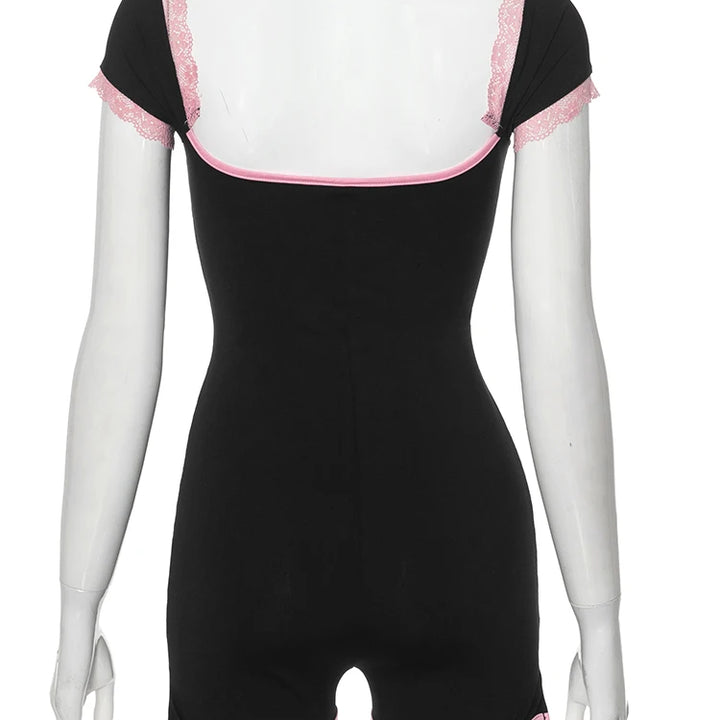 kliou Classic Patchwork Women Playsuits Casual Fashion Lace Trim Square Neck Short Sleeve Stretch Rompers Girls Daily Streetwear