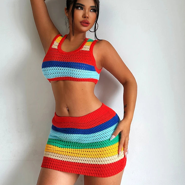 Sisterlinda Colorful Knit Casual 2 Piece Set Women Sleeveless Skinny Stretch Midriff Tank Top+Mini Hip Skirt Matching Streetwear