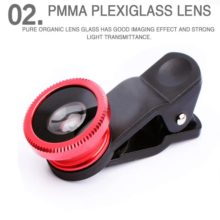 3 in 1 Fisheye Wide Angle Micro Camera Lens for iPhone 0.67X Wide Angle Zoom Fish Eye Len on Smartphone Lenses with Phone Clip