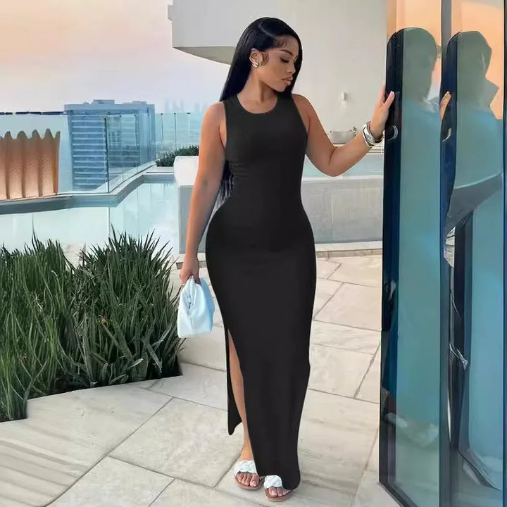 Summer Women's Fashion Purple Round Neck Slim Fit Split Dress Sexy Women's Sleeveless High Waist Beach Dress Vestidos S-3XL