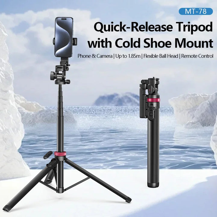 Ulanzi MT-78 Quick-Release Tripod with Cold Shoe Mount 1.85M Height with Flexible Ball Head for Selfie Vlogging Live Photograph