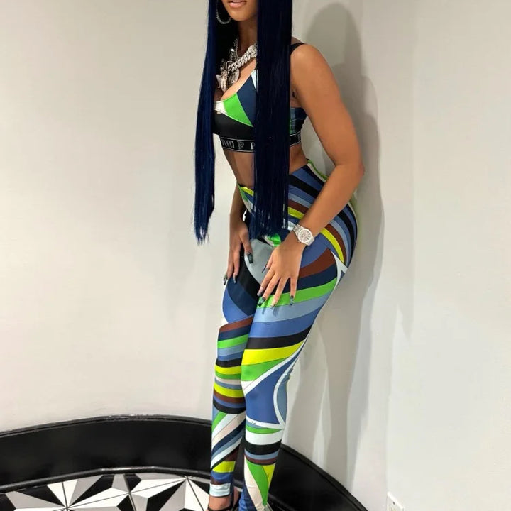 STYLISH LADY Contrast Color Letter Printed 2 Piece Set Women Crop Top and Skinny Pant Suits 2025 Summer Sexy Club Street Outfits