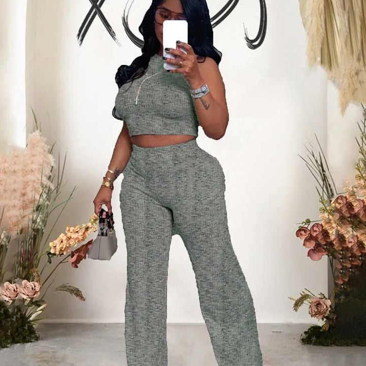 2 Piece Sets Womens Outfits Elegant Stretchy Knitted Summer Suit Sexy Sleeveless Top and Pant Suit Wholesale Dropshipping